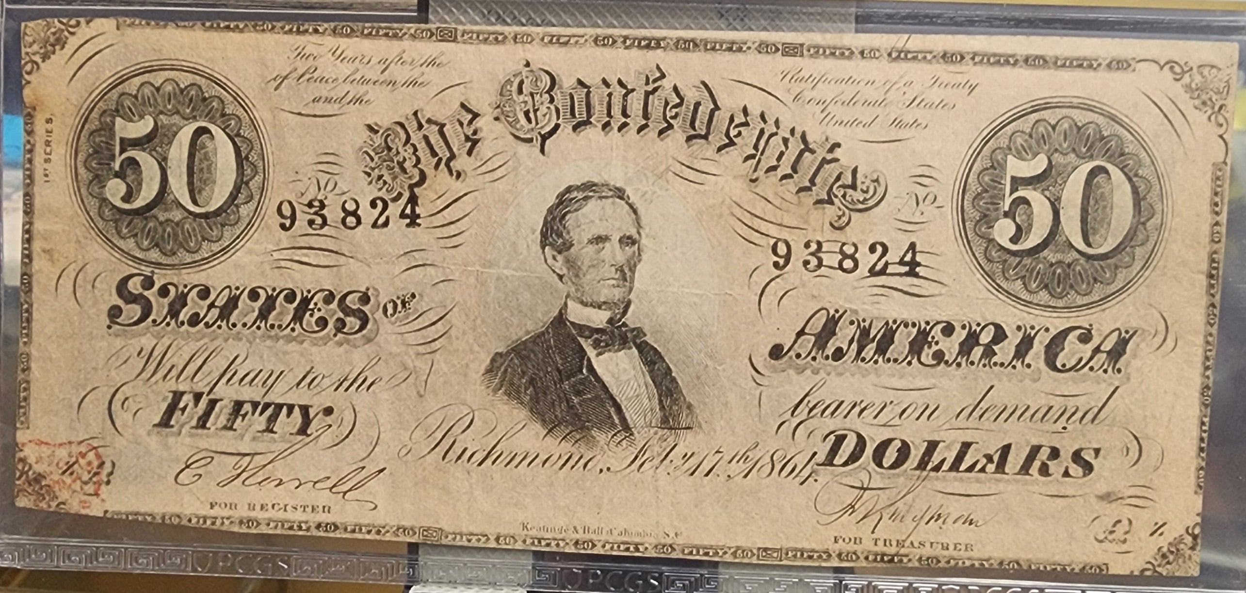 1864 $50 Confederate States of America, PCGS VF25, Store #CSA003.