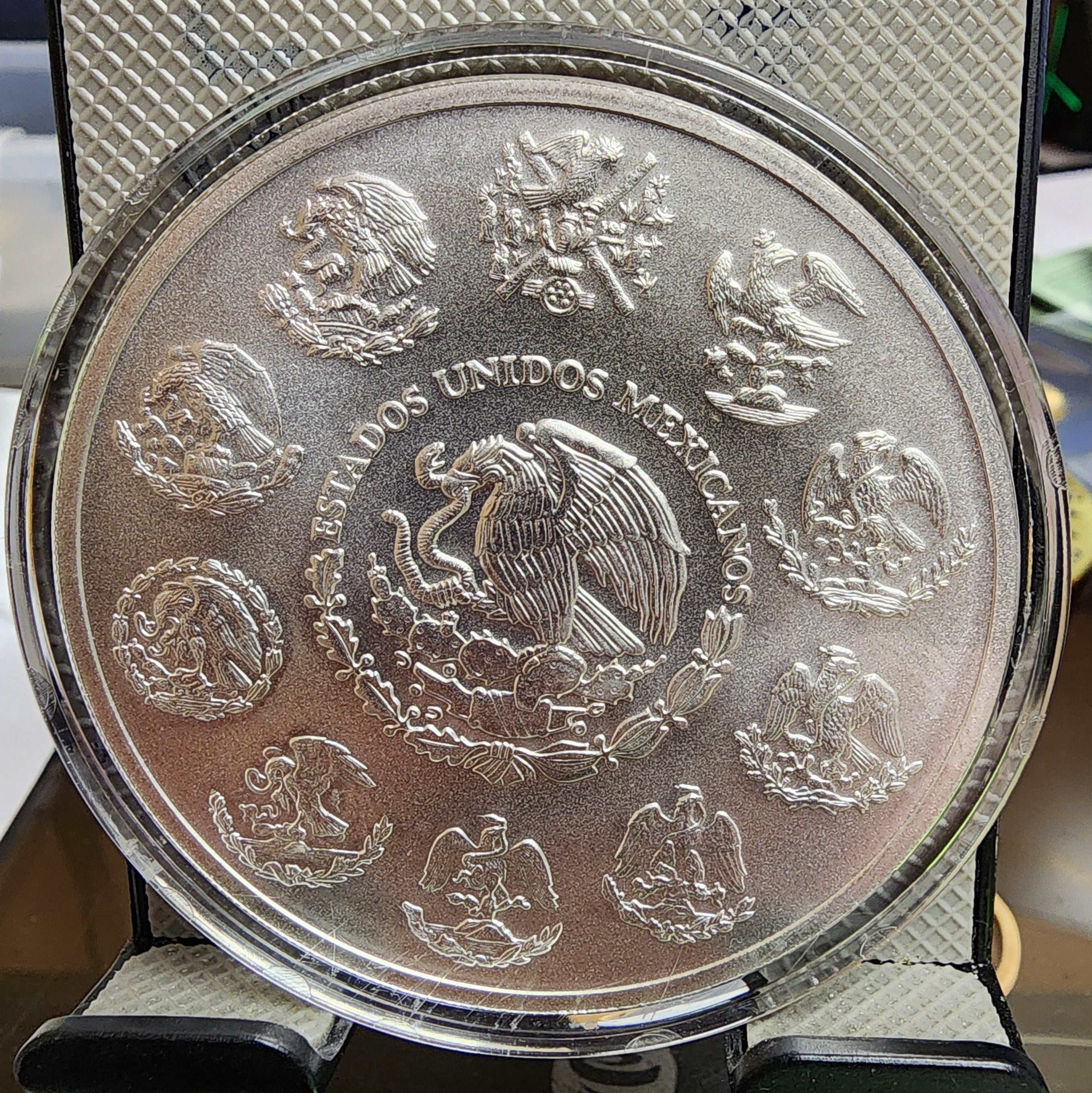 2020 5 Troy Ounce, .999 Silver, Mexican ONZA. In Direct Fit, Store #SR007