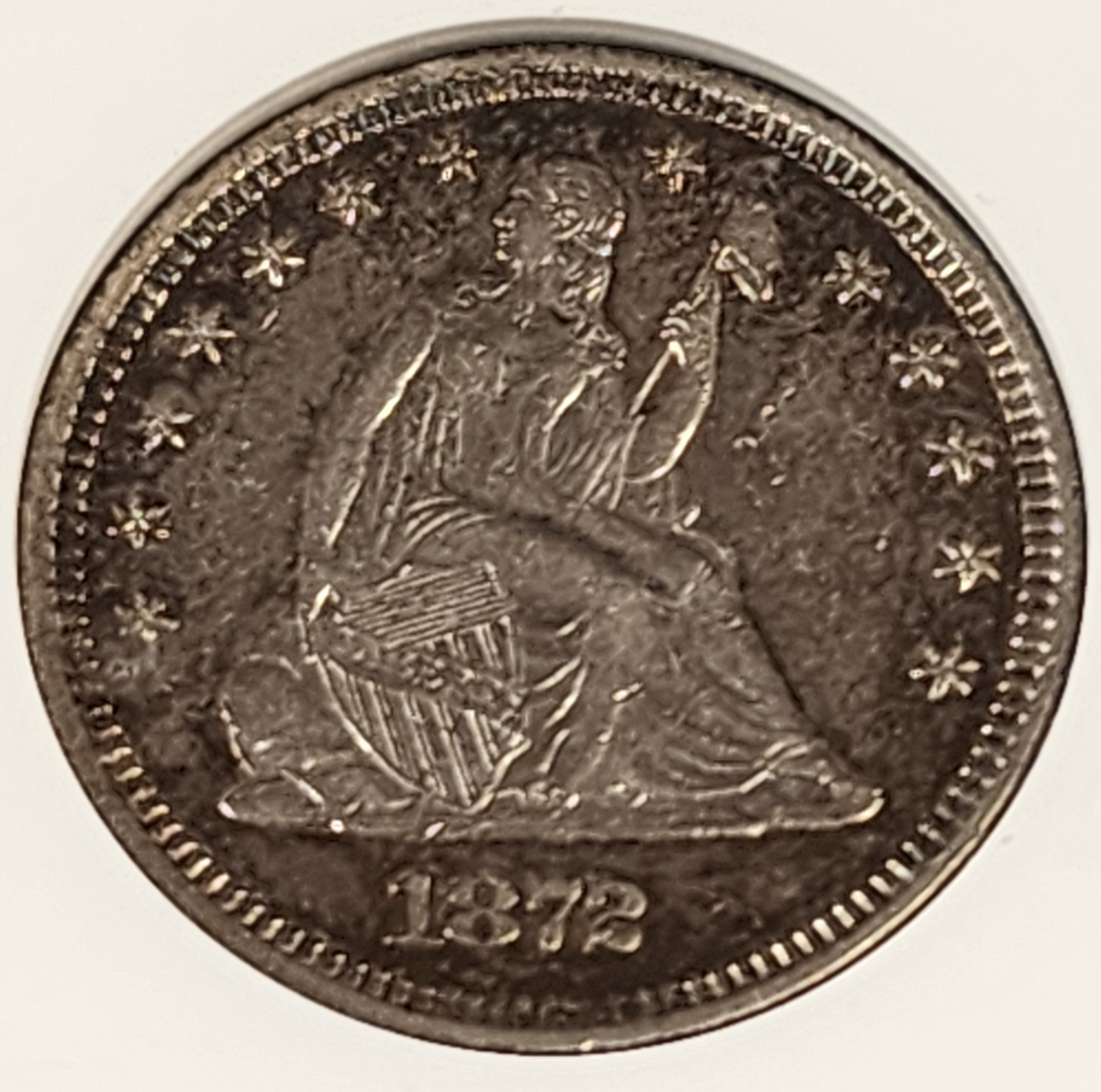 1872 Seated Liberty Silver Quarter., ANACS Soap Box, AU-53, Store SALE #QR1441.