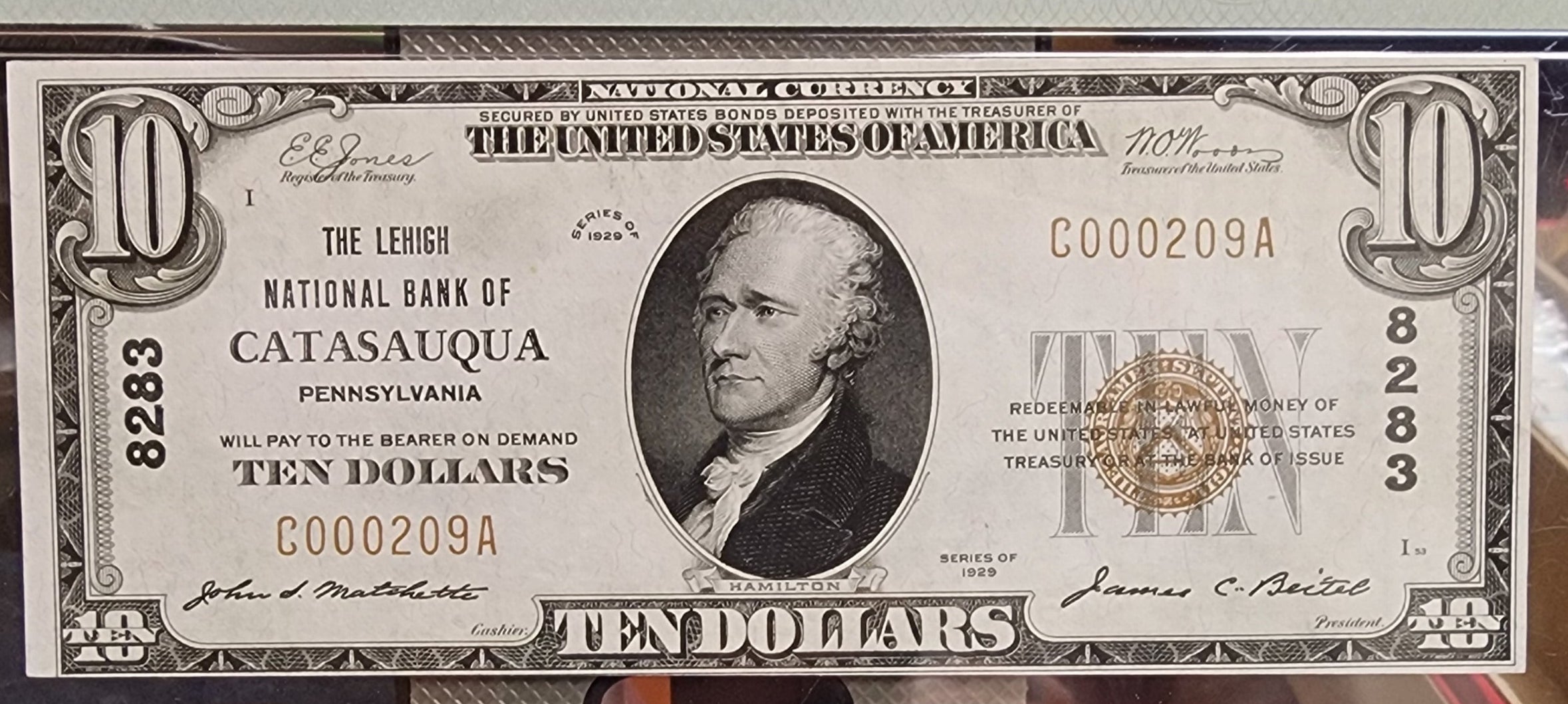 1929 $10 National, Catasauqua, PA, CH#8283, PMG AU-58, Store #NBN021.