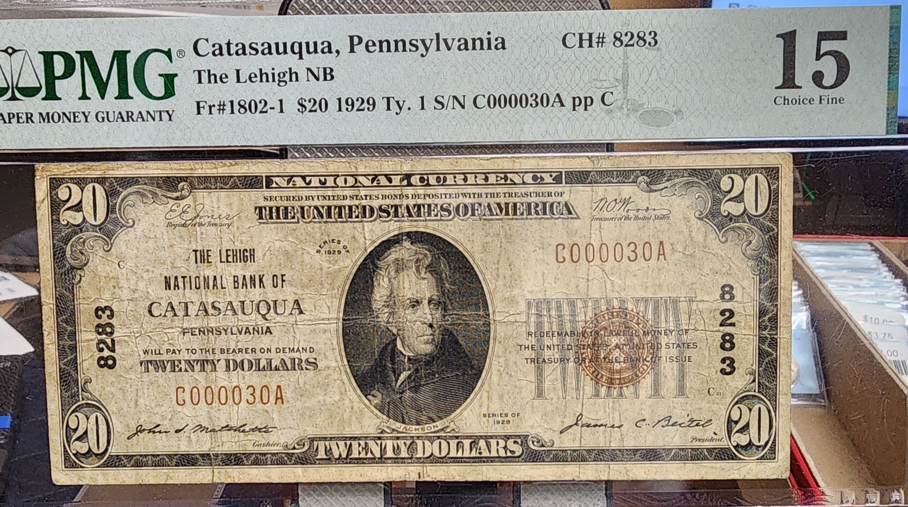 1929 $20 National, Catasauqua, PA, CH#8283, PMG F-15, Store #NBN023.