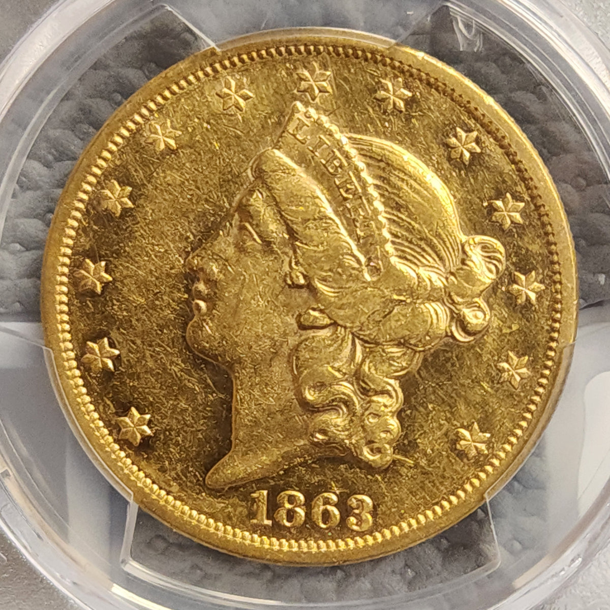 1863 $20 Gold Double Eagle, 'Civil War Date', PCGS AU-53, Store #G015.