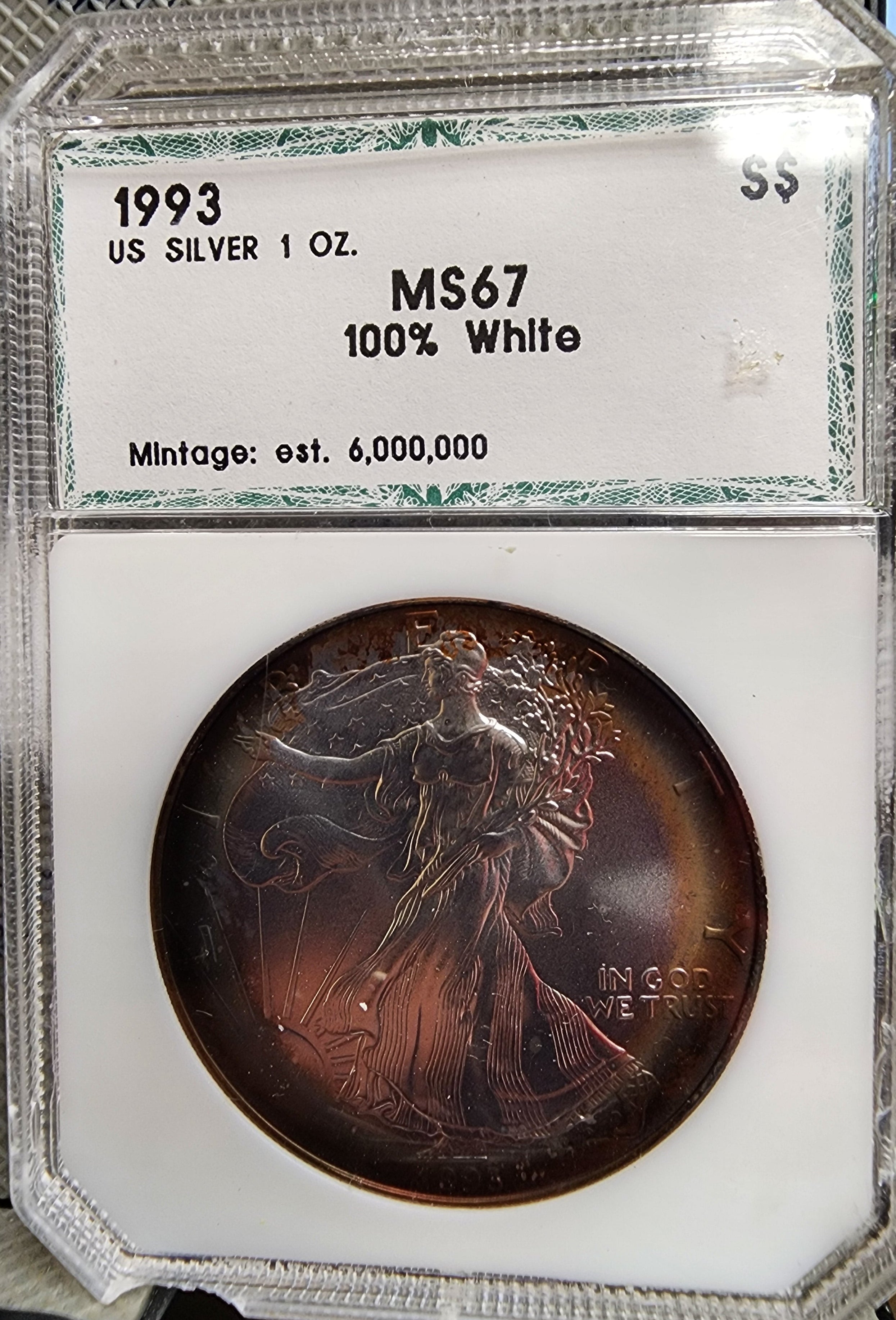 1993 American Silver Eagle, Nice Blue "TONER", PCI MS-67, Store #AE310.