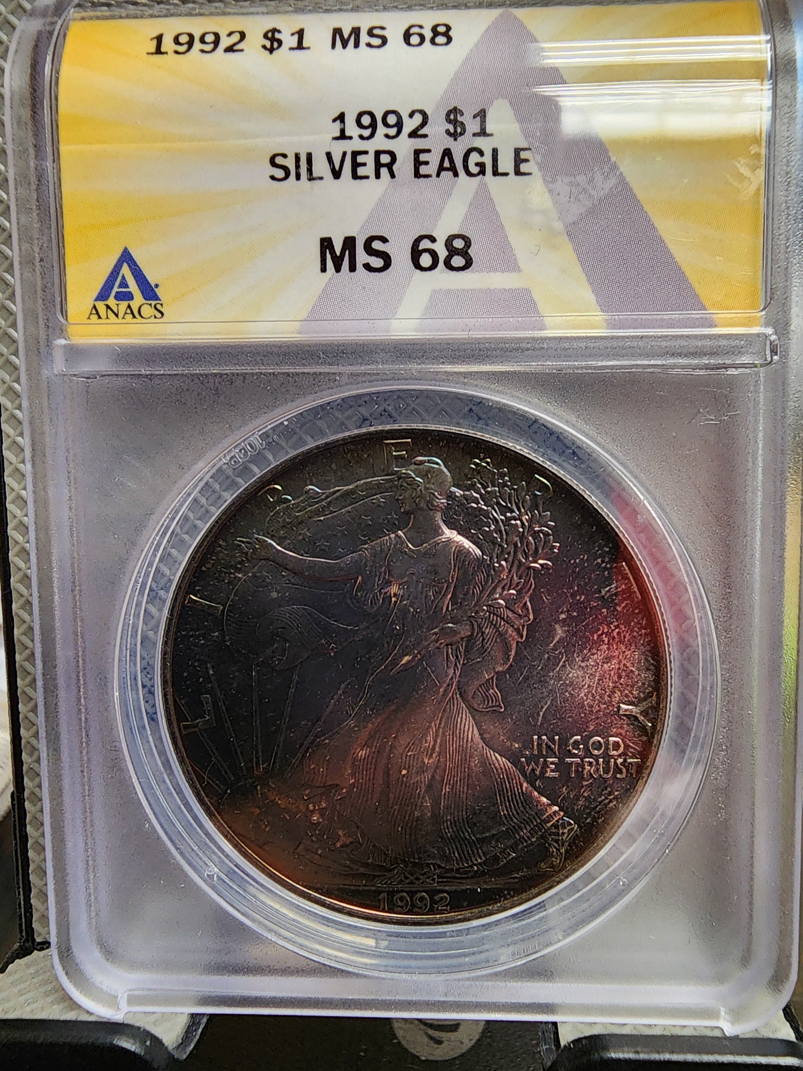 1992 American Silver Eagle, Nice Blue "TONER", ANACS MS-68, Store #AE308.