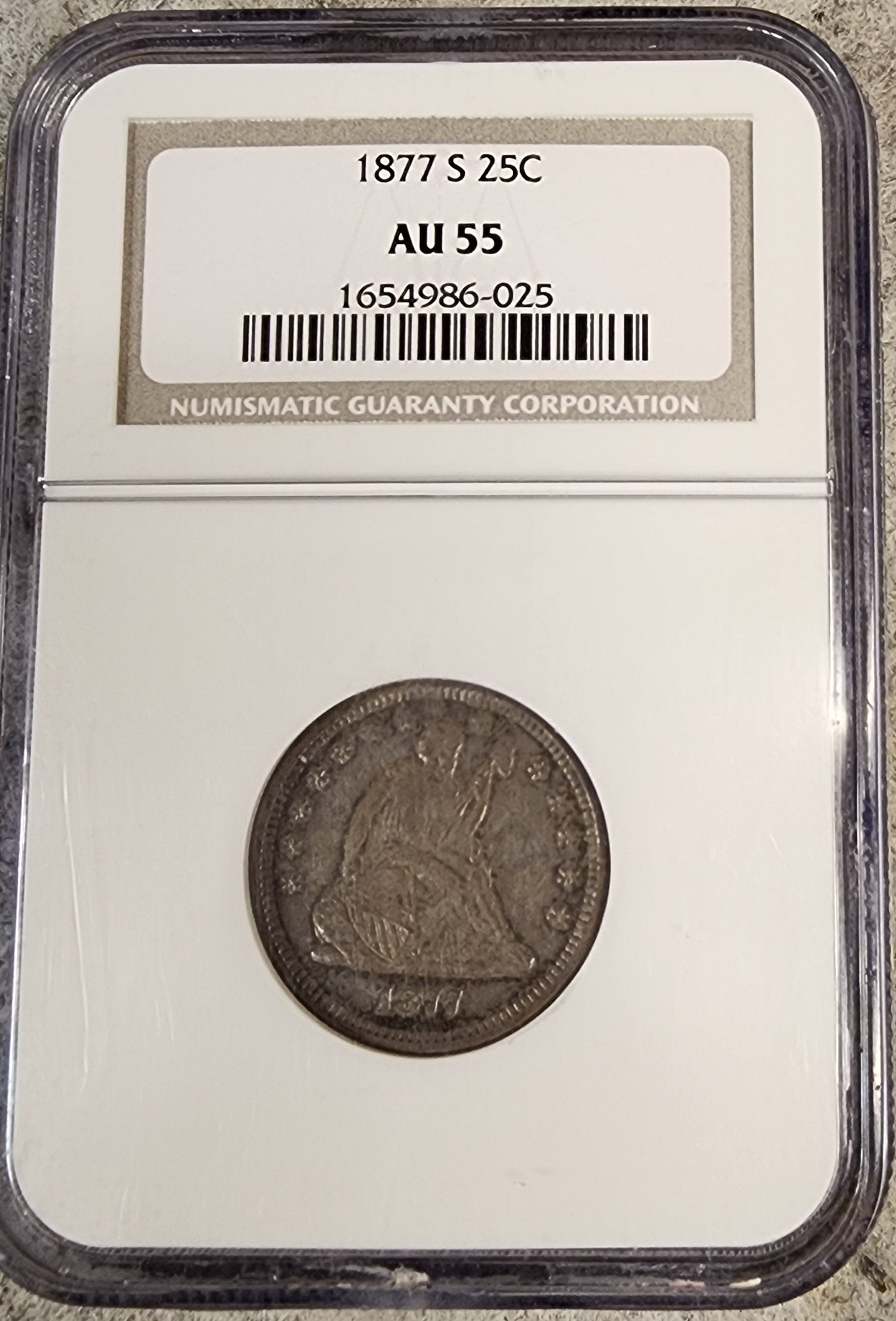 1877-S Seated Liberty Silver Quarter., NGC AU-55, Store SALE #QR1442.