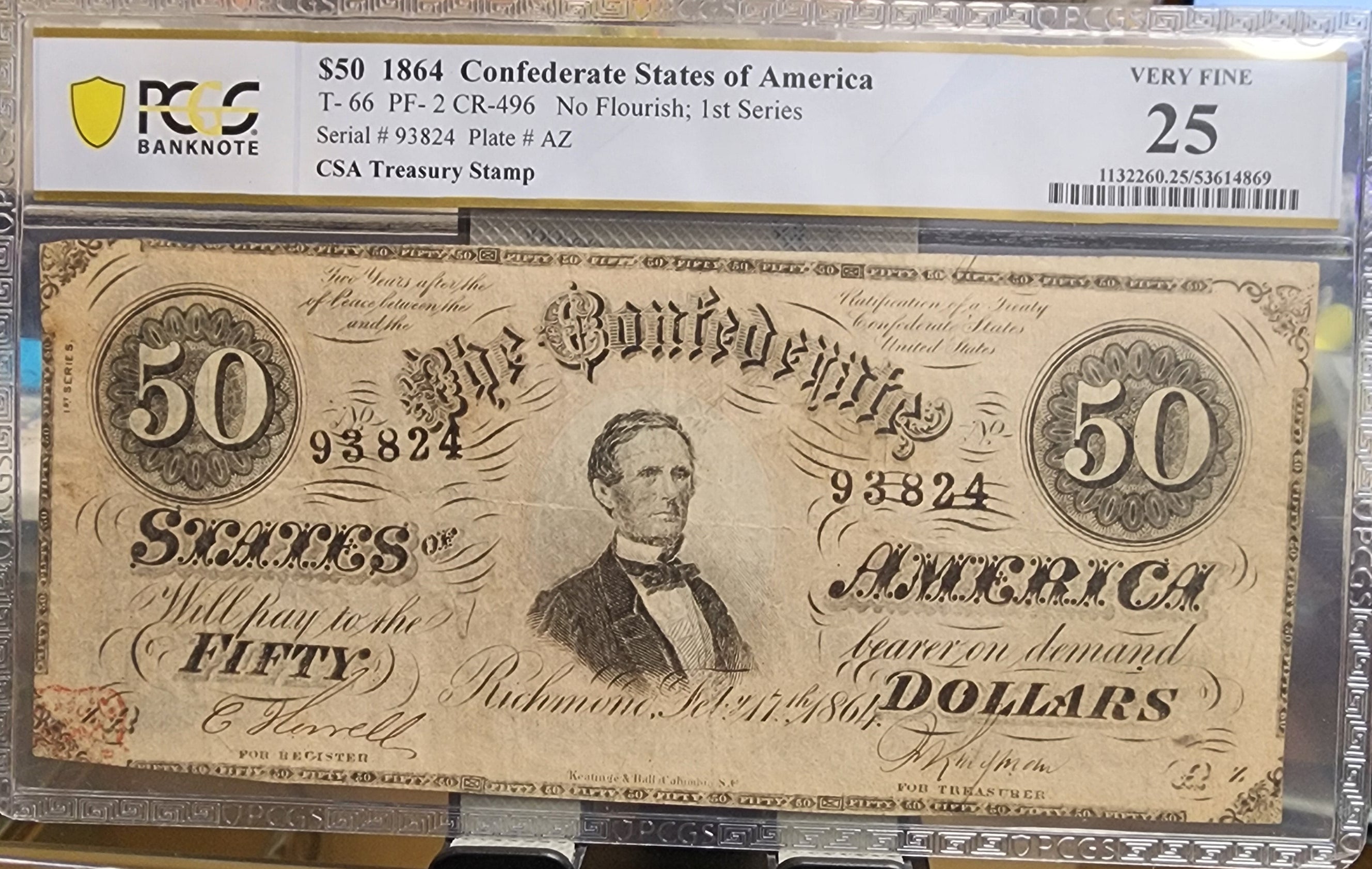 1864 $50 Confederate States of America, PCGS VF25, Store #CSA003.