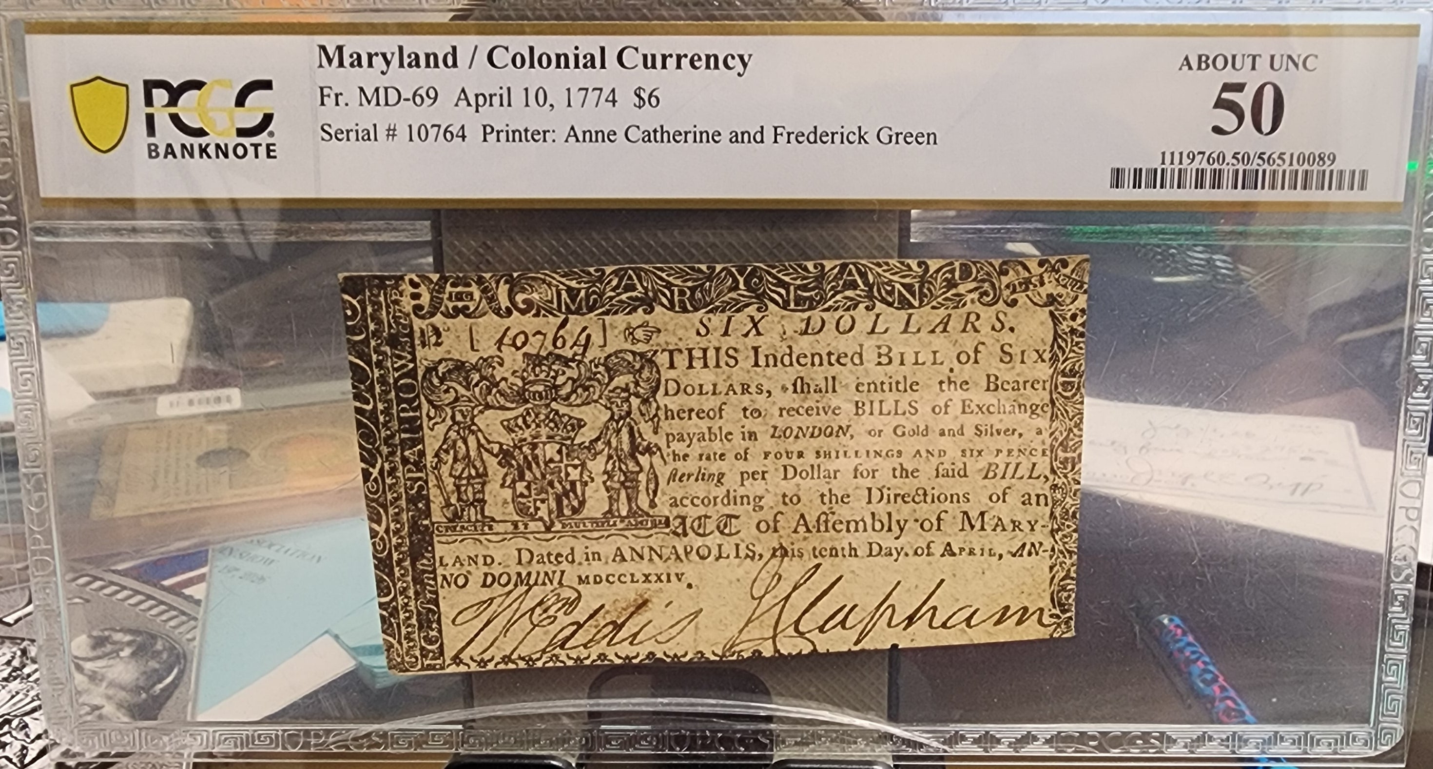 April 10, 1774, $6, Fr# MD-69, Colonial Currency, PCGS AU-50, Store #GCY035.