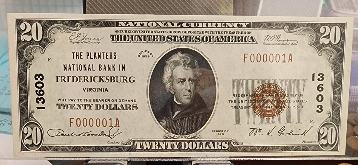 1929 $20 Fredericksburg, VA. National Bank Note, Serial Nr 1, PCGS CU65, #NBN002.