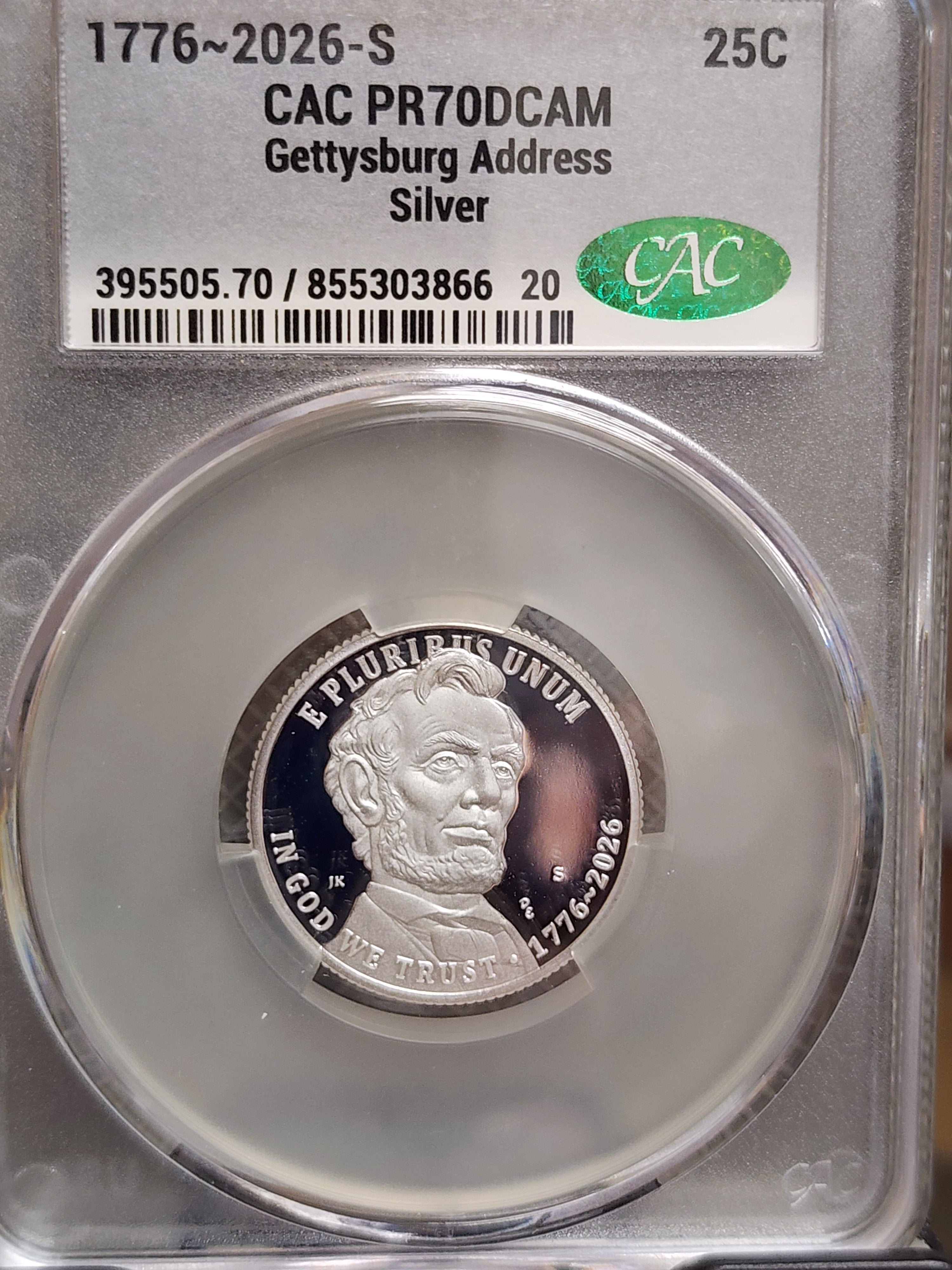 1776-2026-S Silver, Gettysburg Address Quarter, CAC PR-70, Store#QR1945.