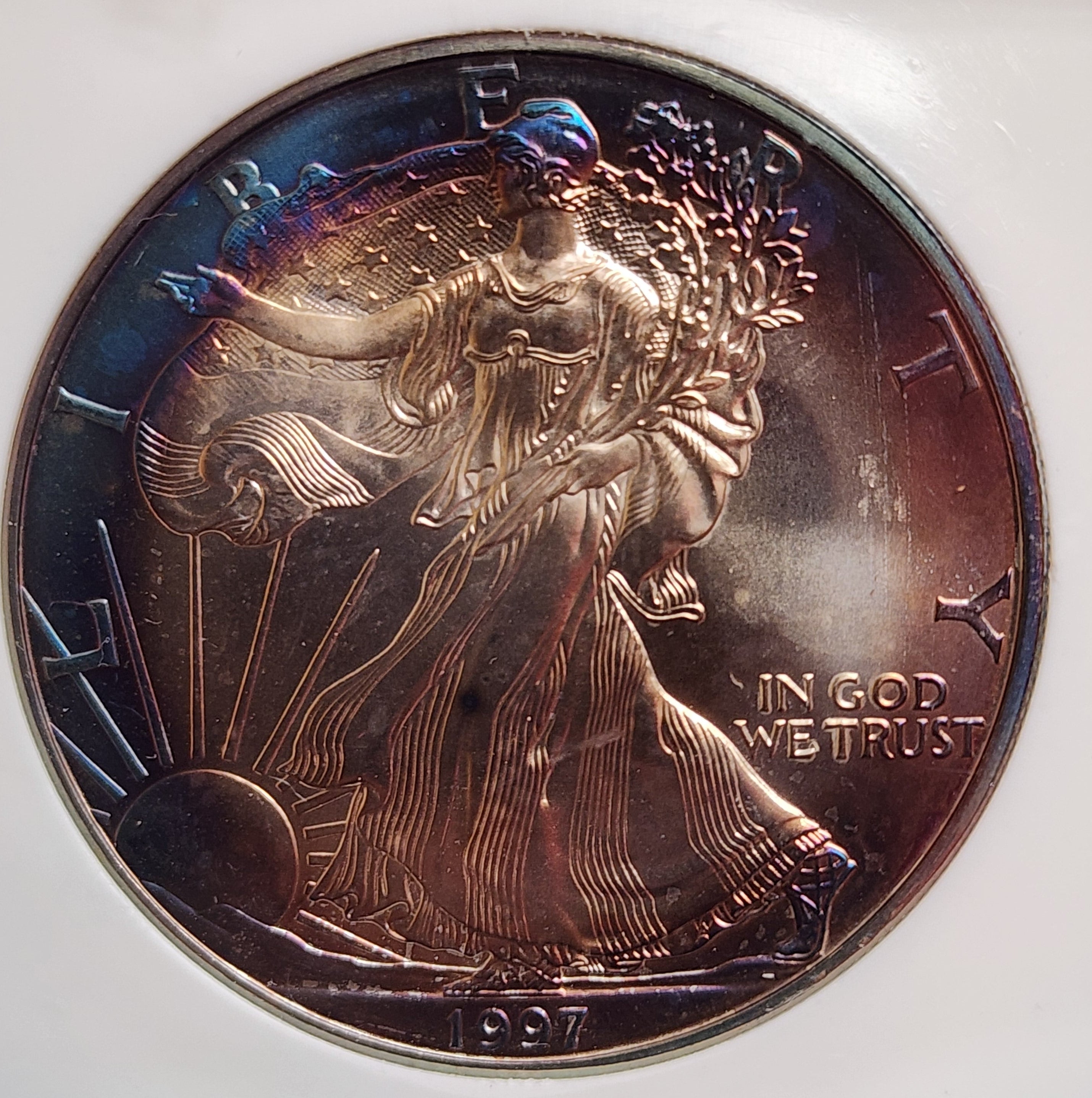 1997 American Silver Eagle, Nice Blue "TONER", PCI MS-70, Store #AE309.