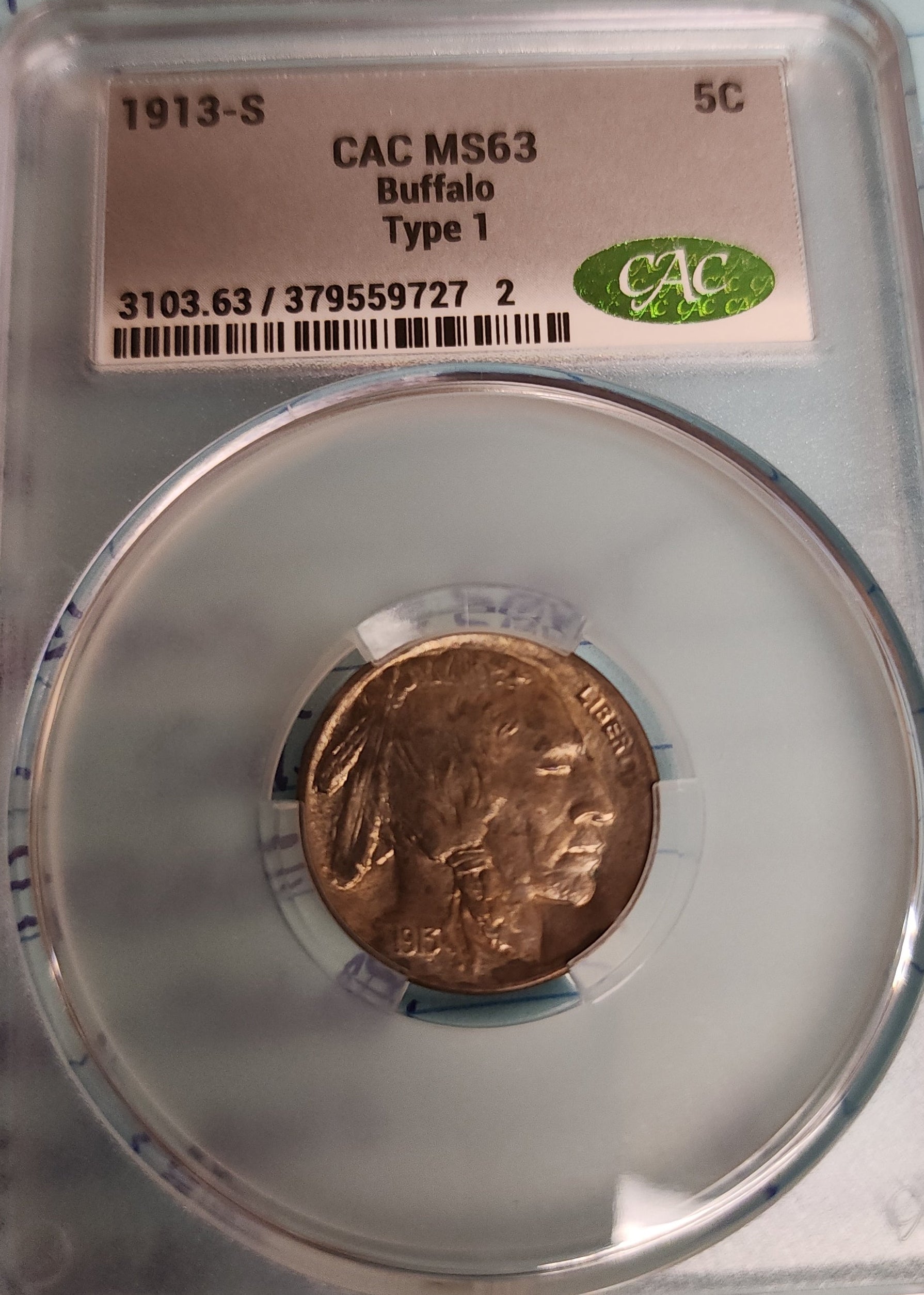 1913-S Buffalo Nickel, Better Type-1, Date, CAC MS-63, Store SALE #GNL028.