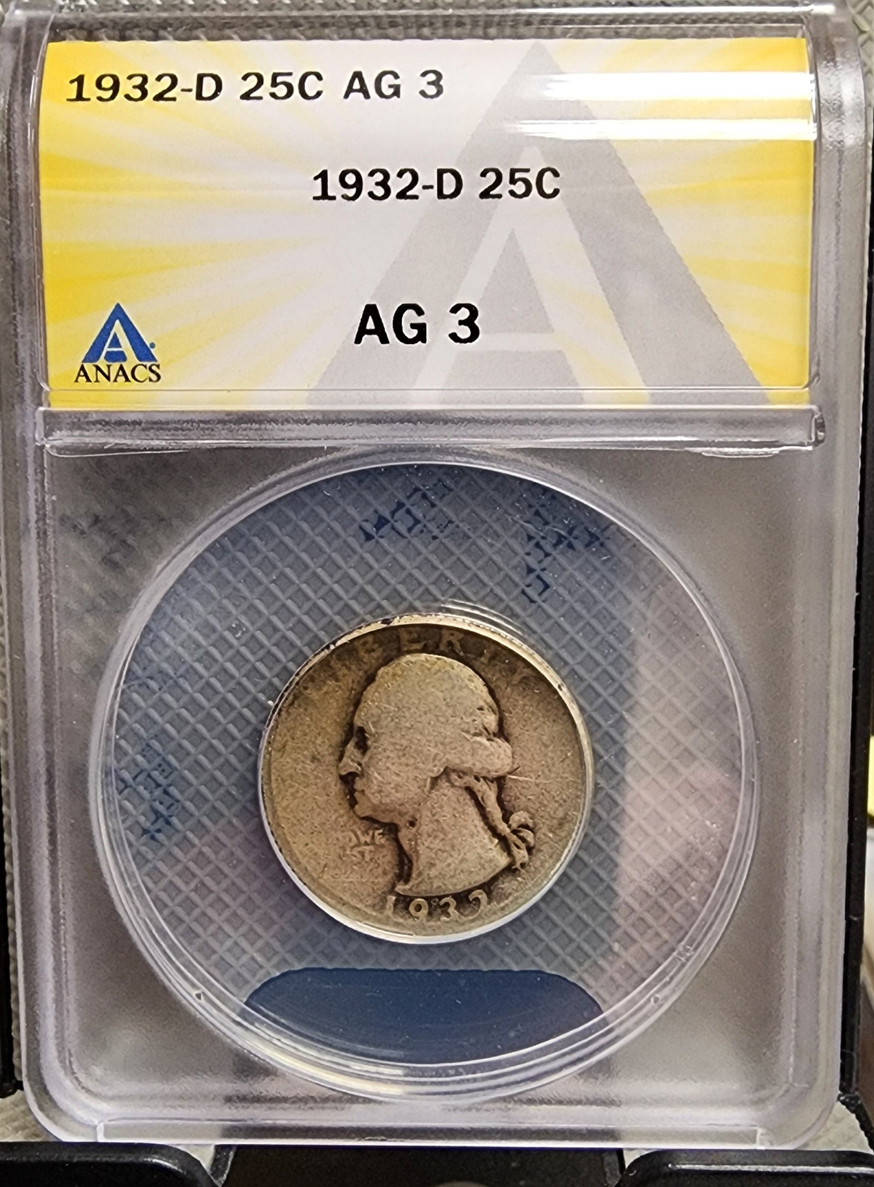 1932-D Washington Silver Quarter, KEY Date Coin, ANACS AG-3., Store #QR1460.