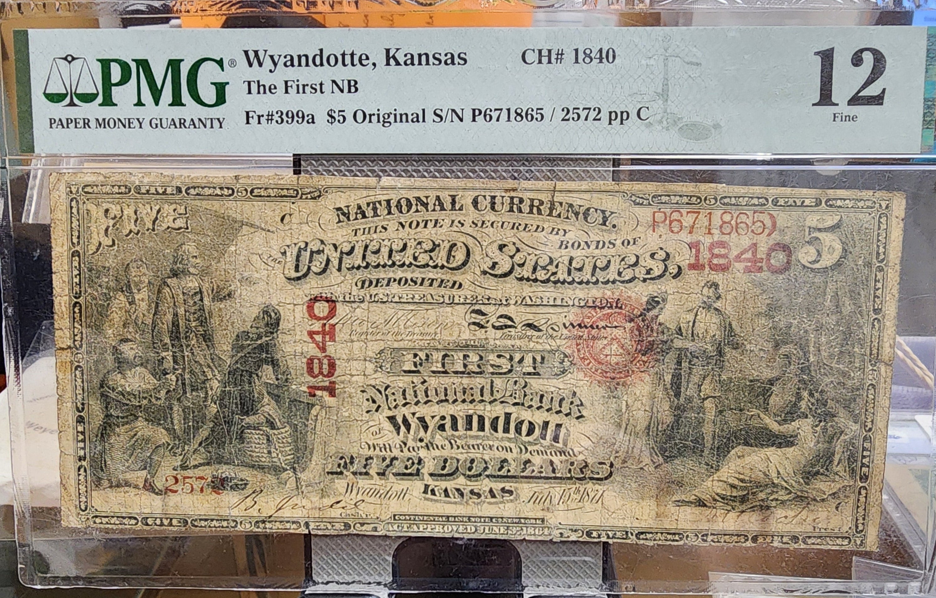 1871 $5., National Currency., "WYANDOTT, KS."., PMG Fine-12., Store #NBN034.