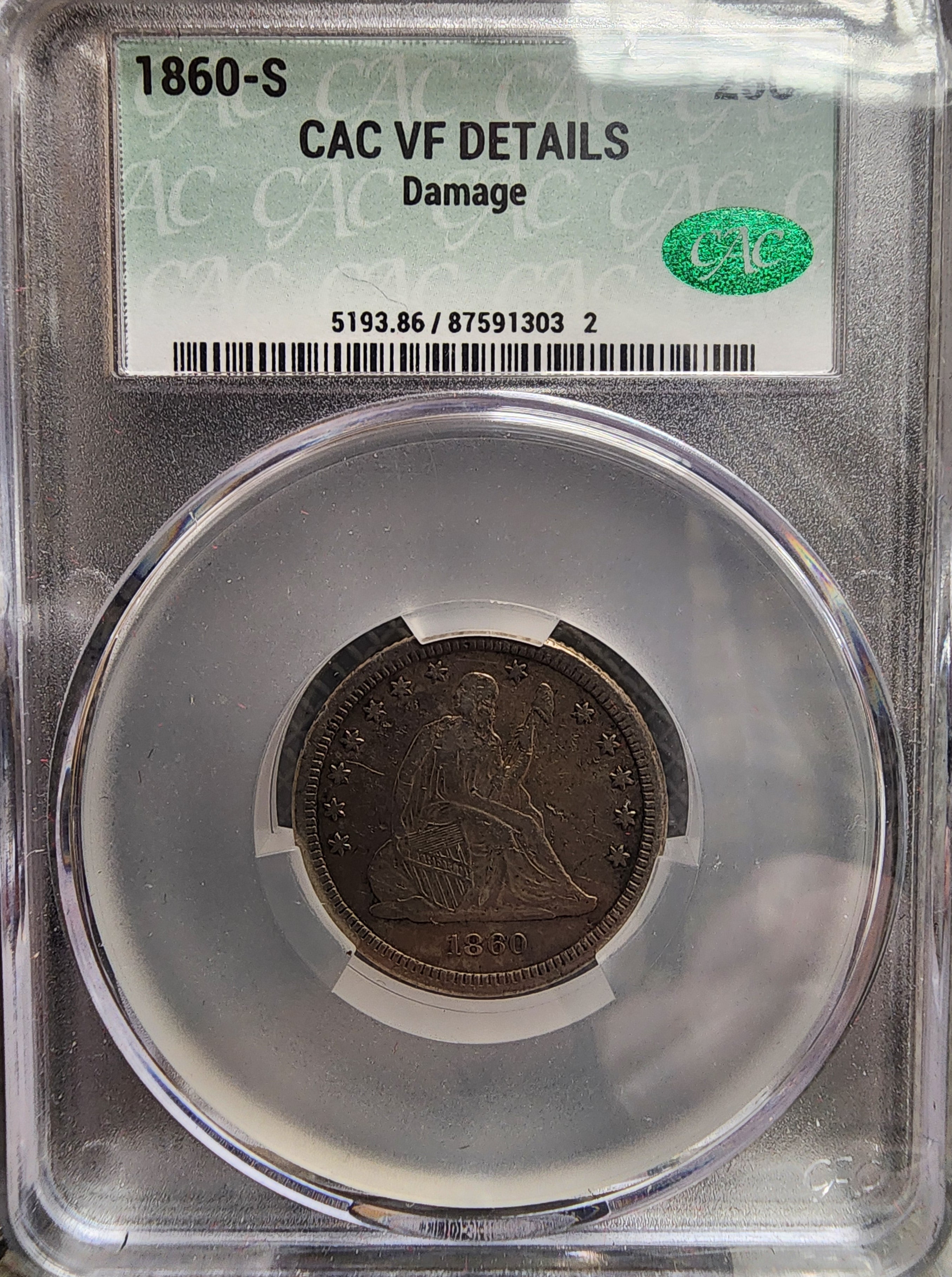 1860-S Seated Liberty Quarter., 'Scarce'., CAC VF Detailed Coin., Store #QR1437.