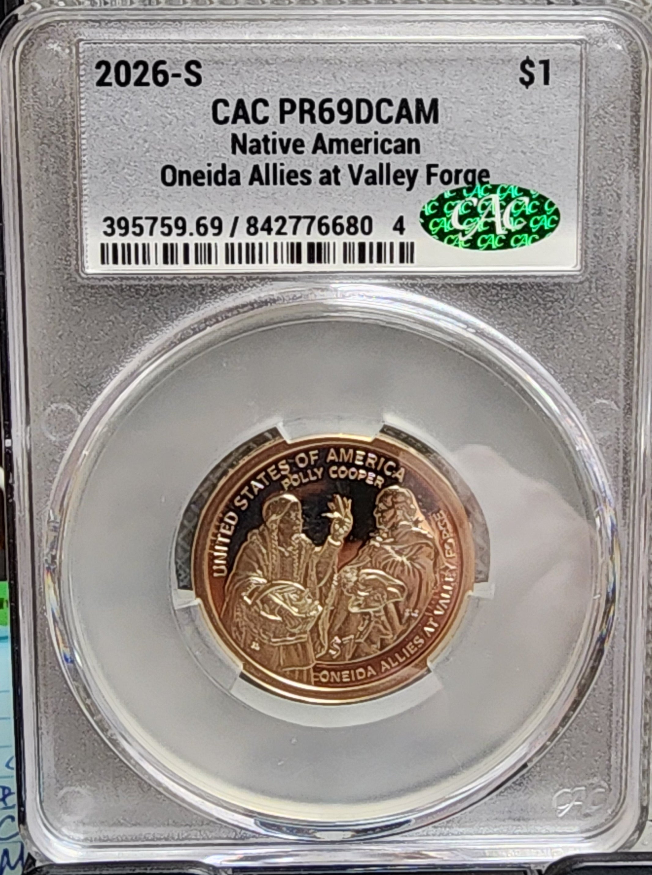 2026-S Native American Dollar, 'Oneida Allies at Valley Forge, CAC PR69, #NN002.