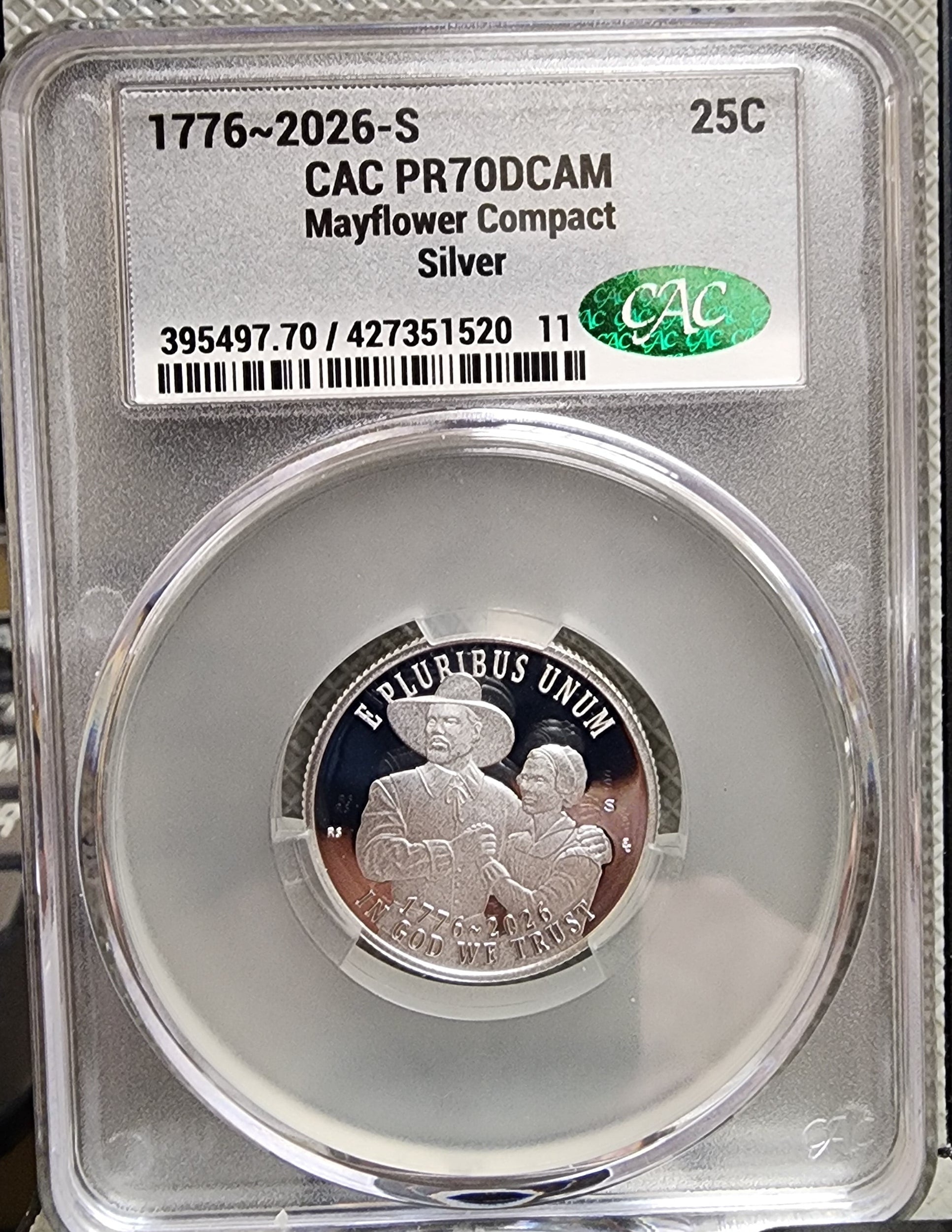 1776-2026-S Silver Mayflower Compact Quarter, CAC PR-70, Store #QR1942.