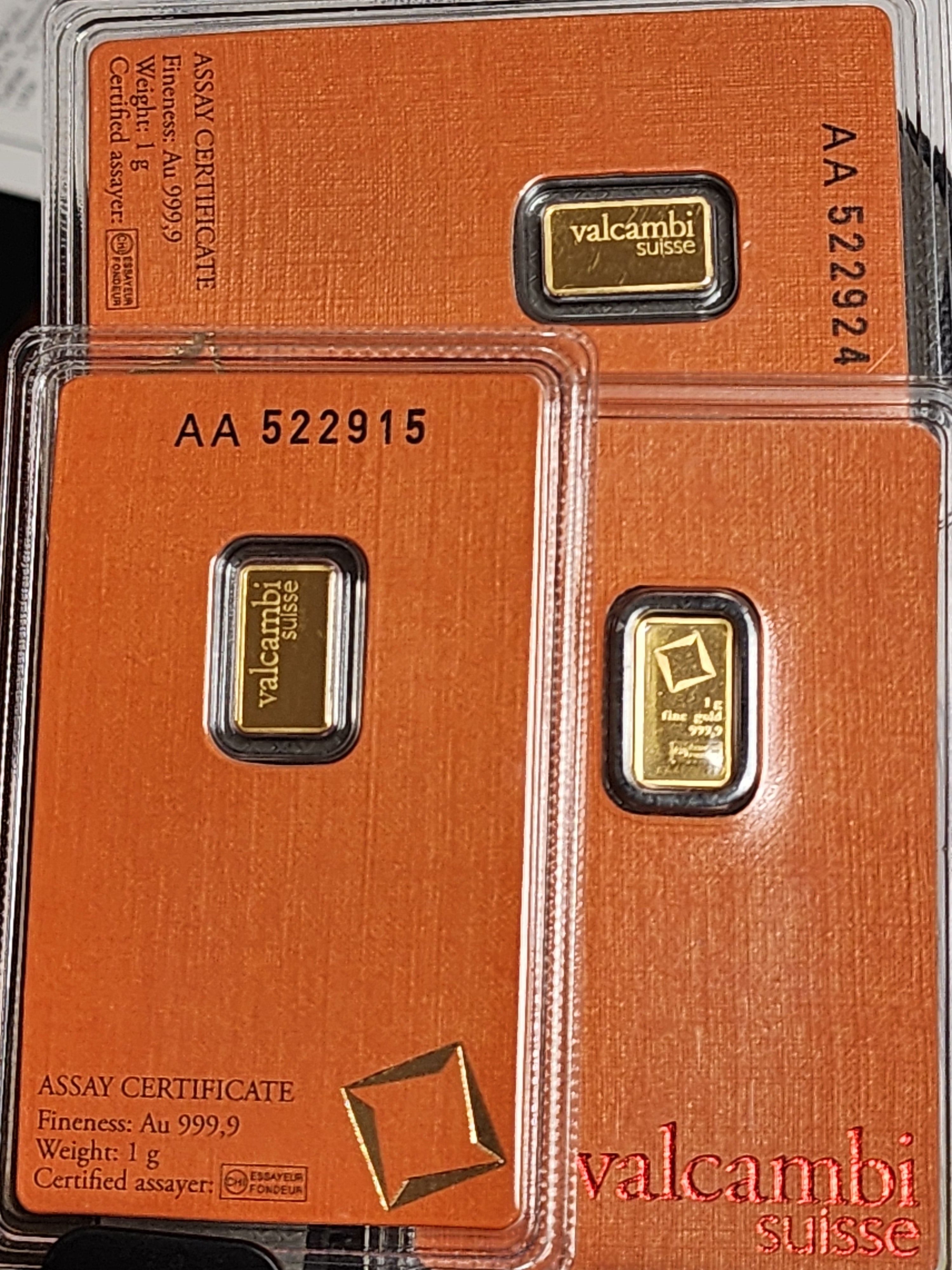1 Gram Bars, 999.9 pure, Each carded in Assay Certificate, Various Bars, Store Sale #G0128.
