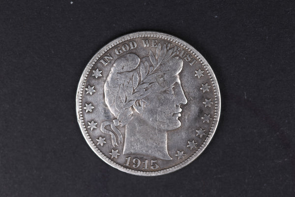 1915-D Barber Half Dollar, Very Good Circulated Coin. Store #10513