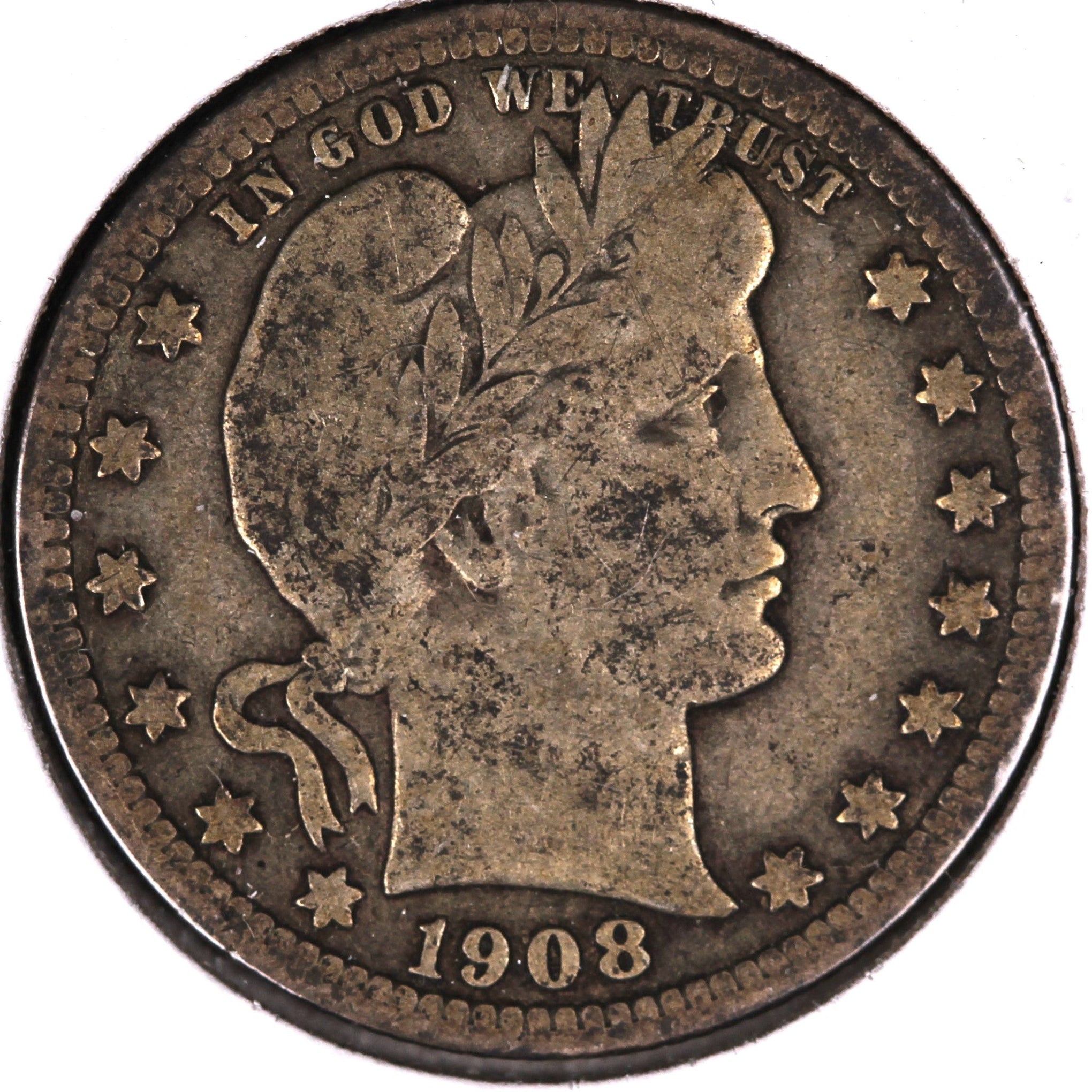 1908 Barber Silver Quarter, Very Good Circulated Collectible Coin, Store #QR1514