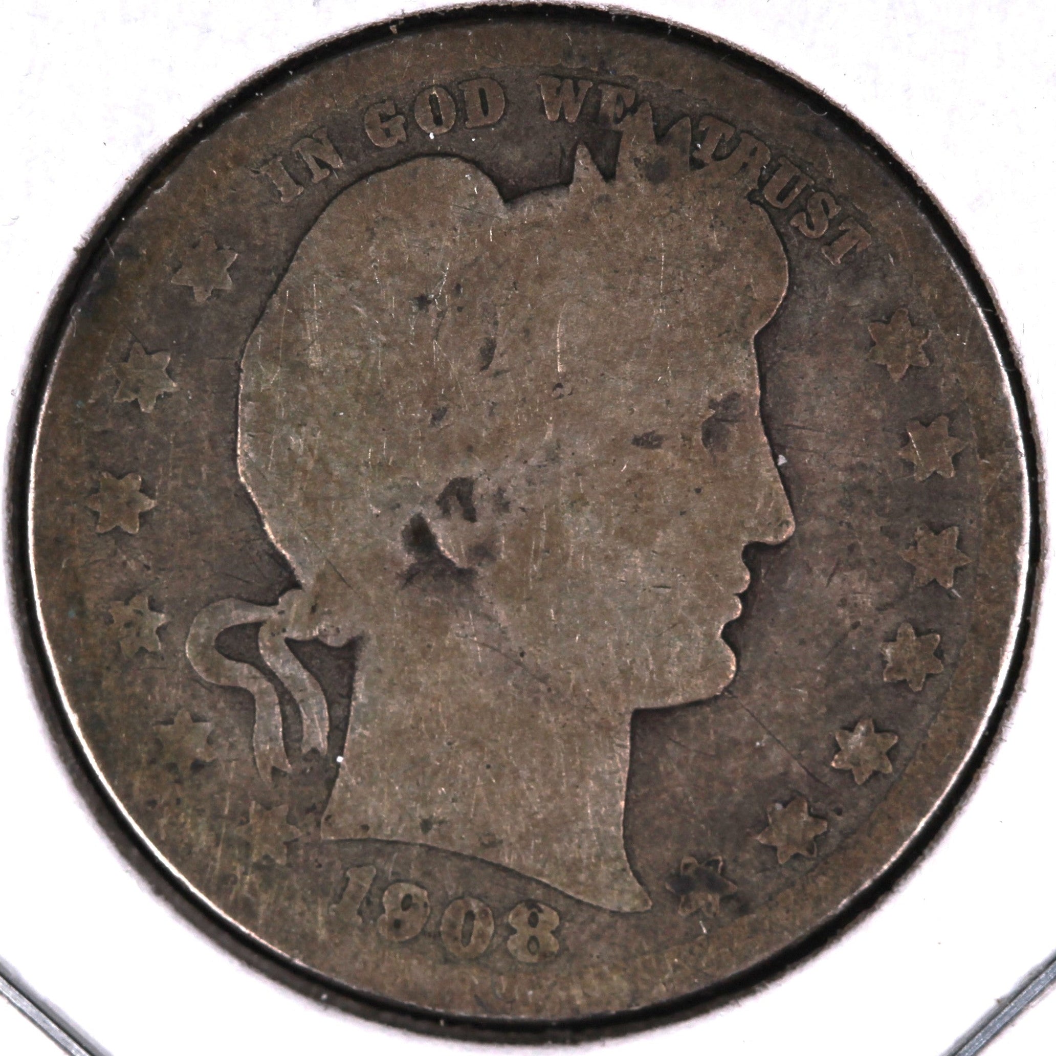 1908-O Barber Quarter, About Good+ CIrculated Coin. Store # 07849