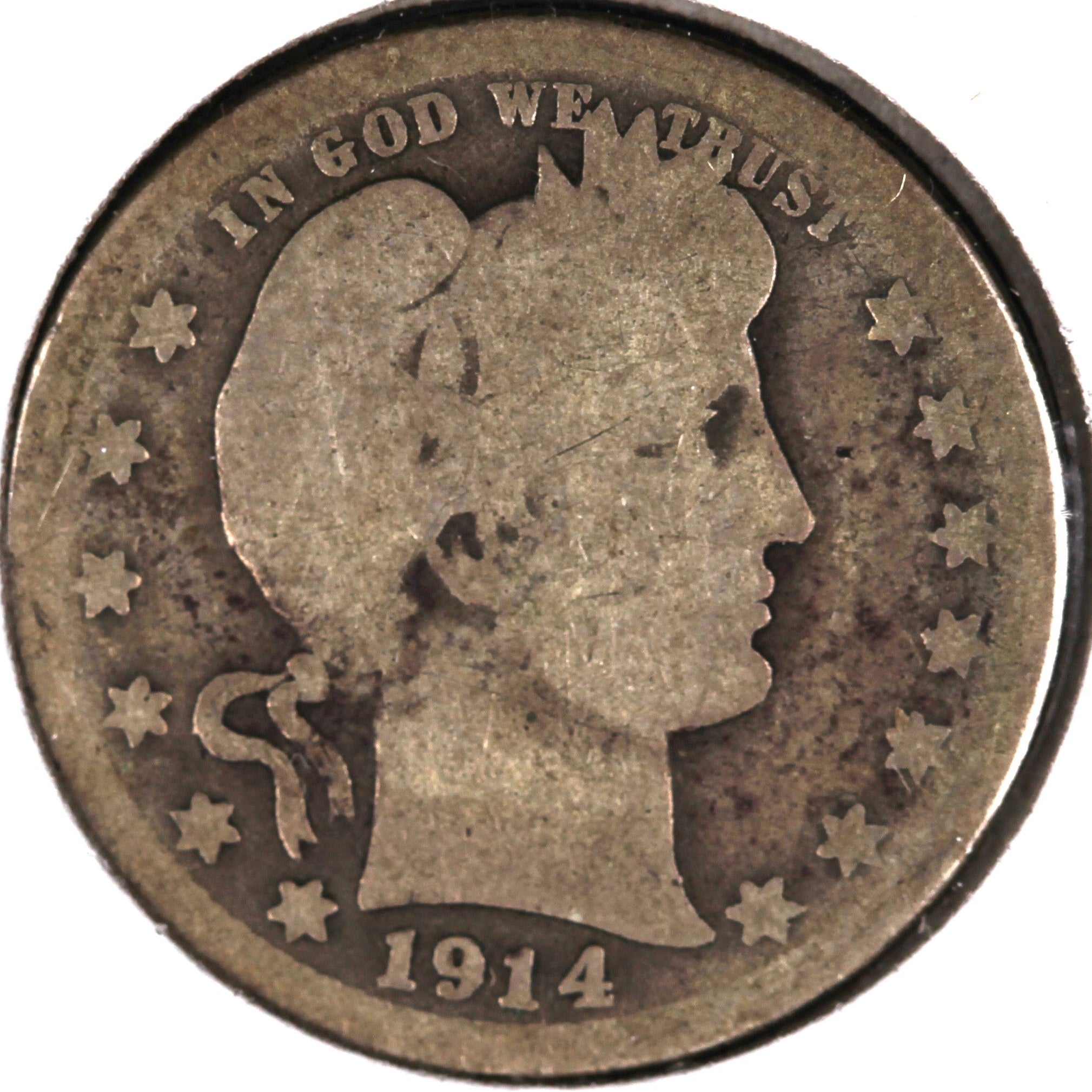 1914-S Barber Silver Quarter, Key Date, Good Circulated Coin, Store #QR1542.