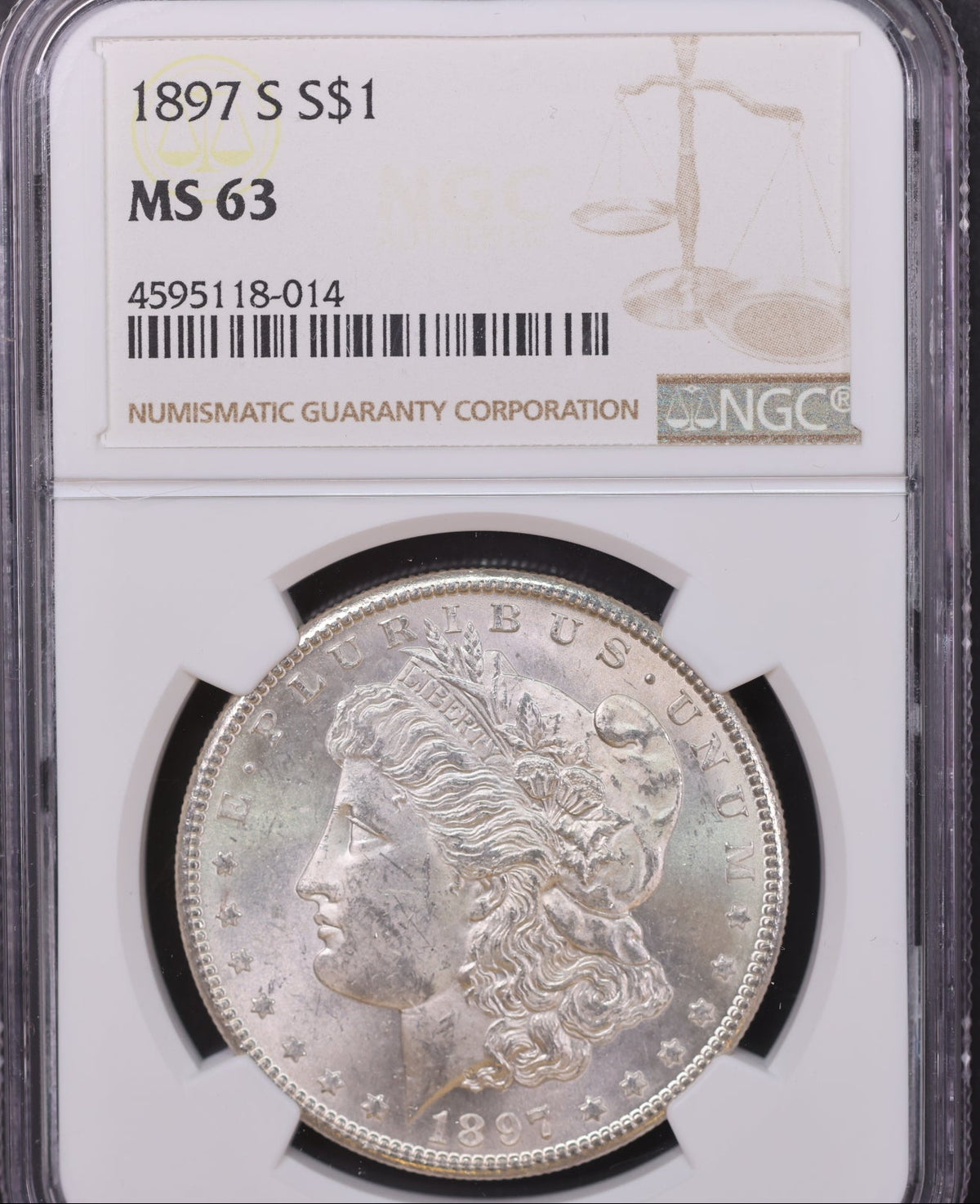 1897-S Morgan Silver Dollar, NGC Graded MS63. Uncirculated Coin, Store #DR0611