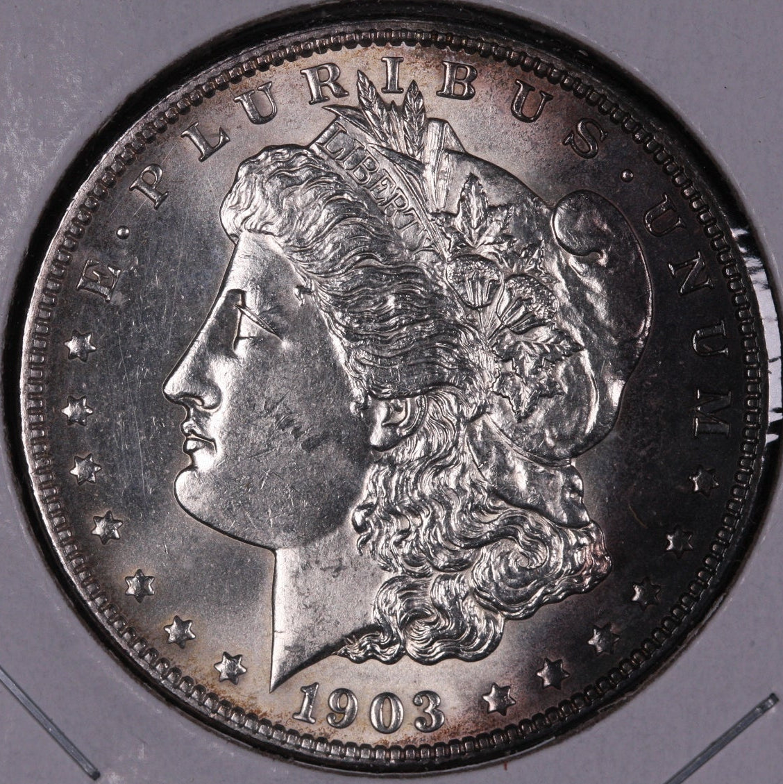 1903 Morgan Silver Dollar, Cresent Moon Toned, Mint State, Store #DR0528.