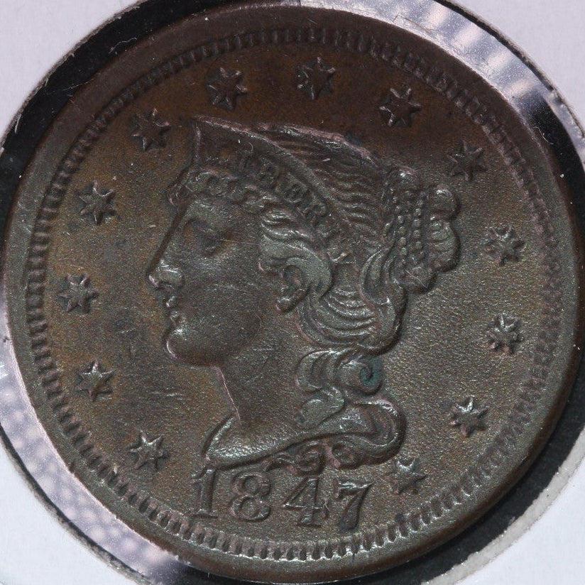 1847 Braided Hair Large Cent, Extra Fine Circulated Coin, Store #0969