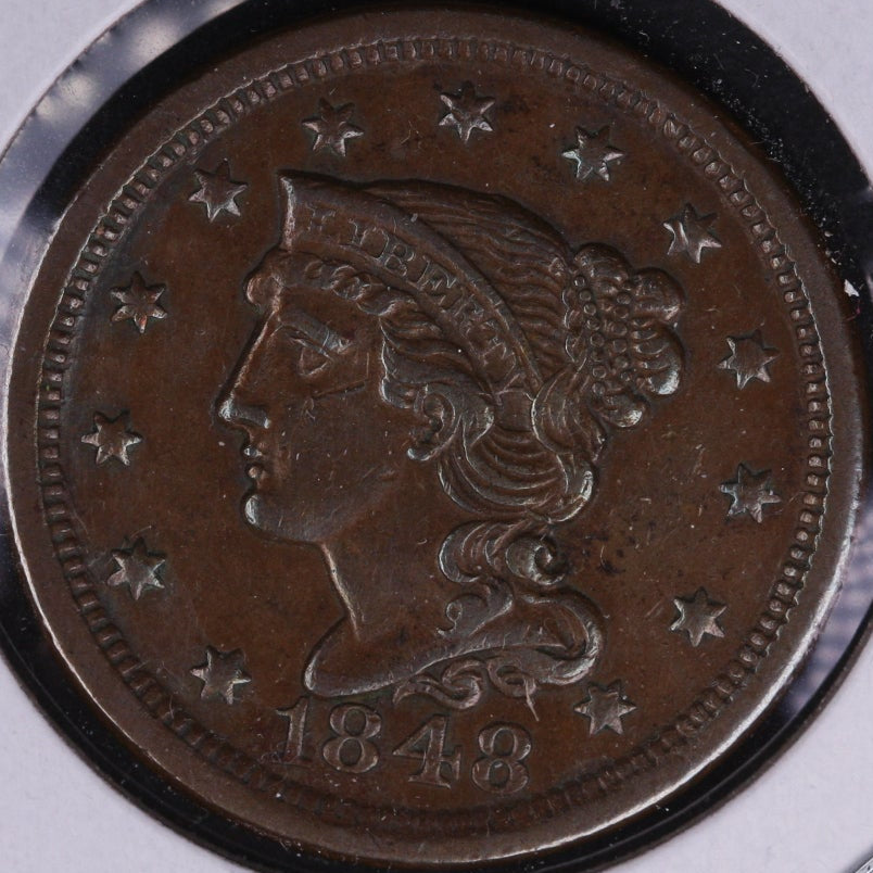 1848 Braided Hair Large Cent, About Uncirculated Coin, Store #09556