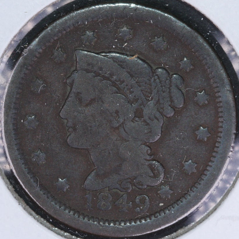 1849 Braided Hair Large Cent, Very Good Circulated Coin, Store #09565