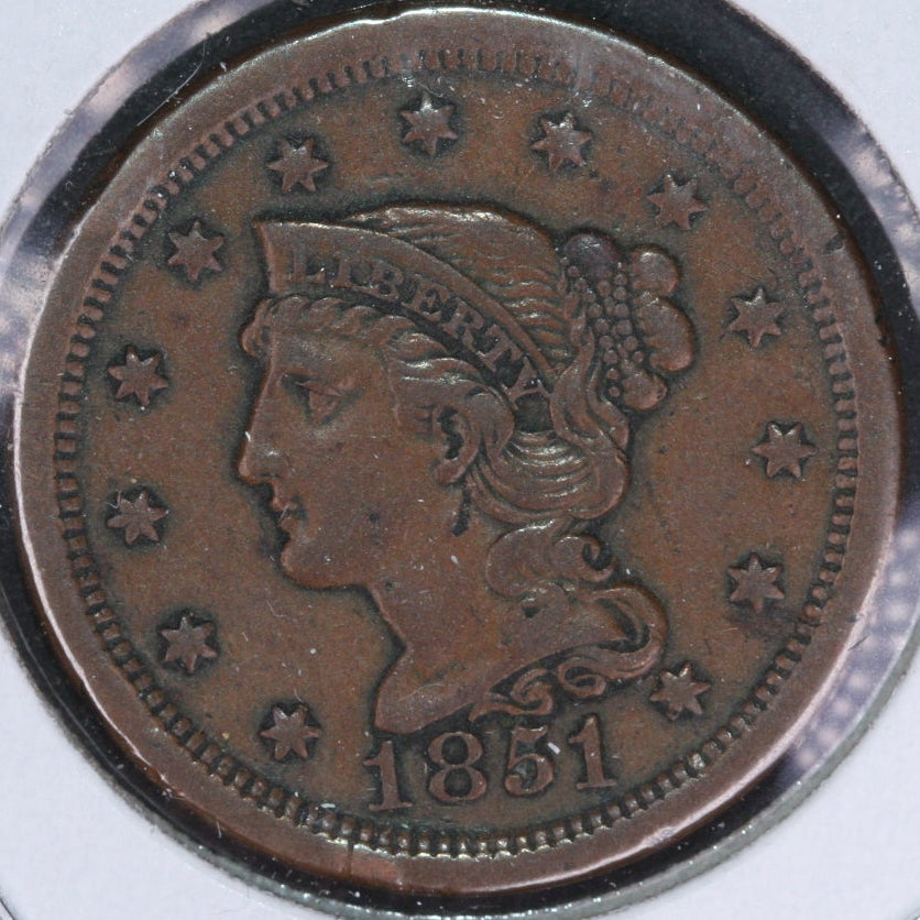 1851 Braided Hair Large Cent, Extra Fine Circulated Coin, Store # 09585