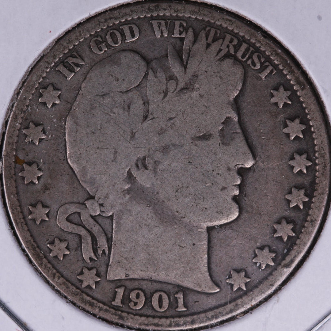 1901 Barber Half Dollar, Very Good+ Circulated Coin, Store #HR257
