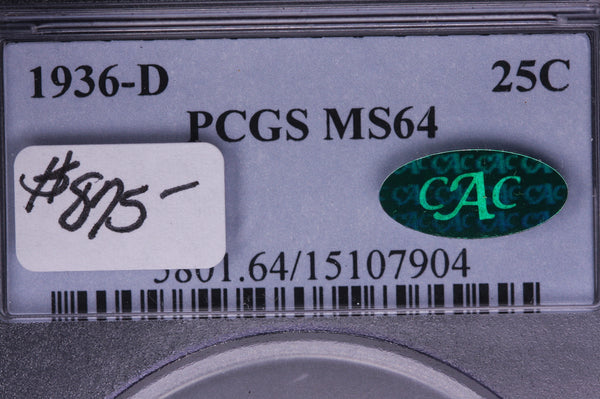 1936-D Washington Silver Quarter, Blast White. PCGS MS-64, Green CAC Sticker, #05501