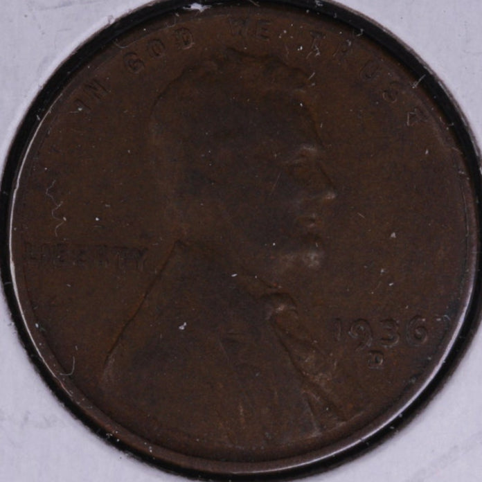 1936-D Lincoln Wheat Small Cent, Very Good Circulated Coin, Store #CT0468