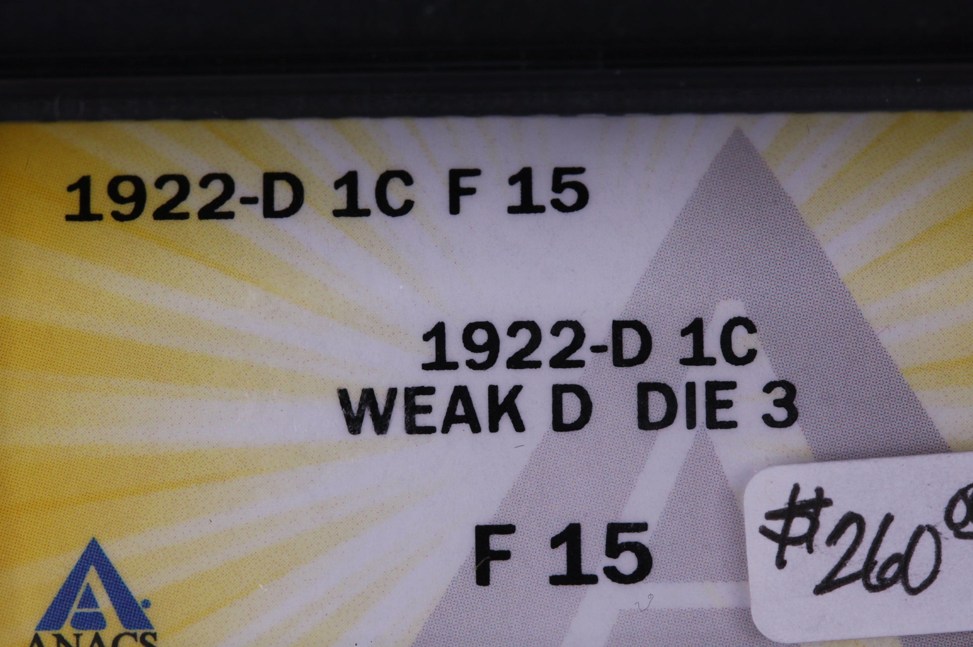 1922-D Lincoln Wheat Cents, Weak "D", Die 3. ANACS Graded F15. Store #10490