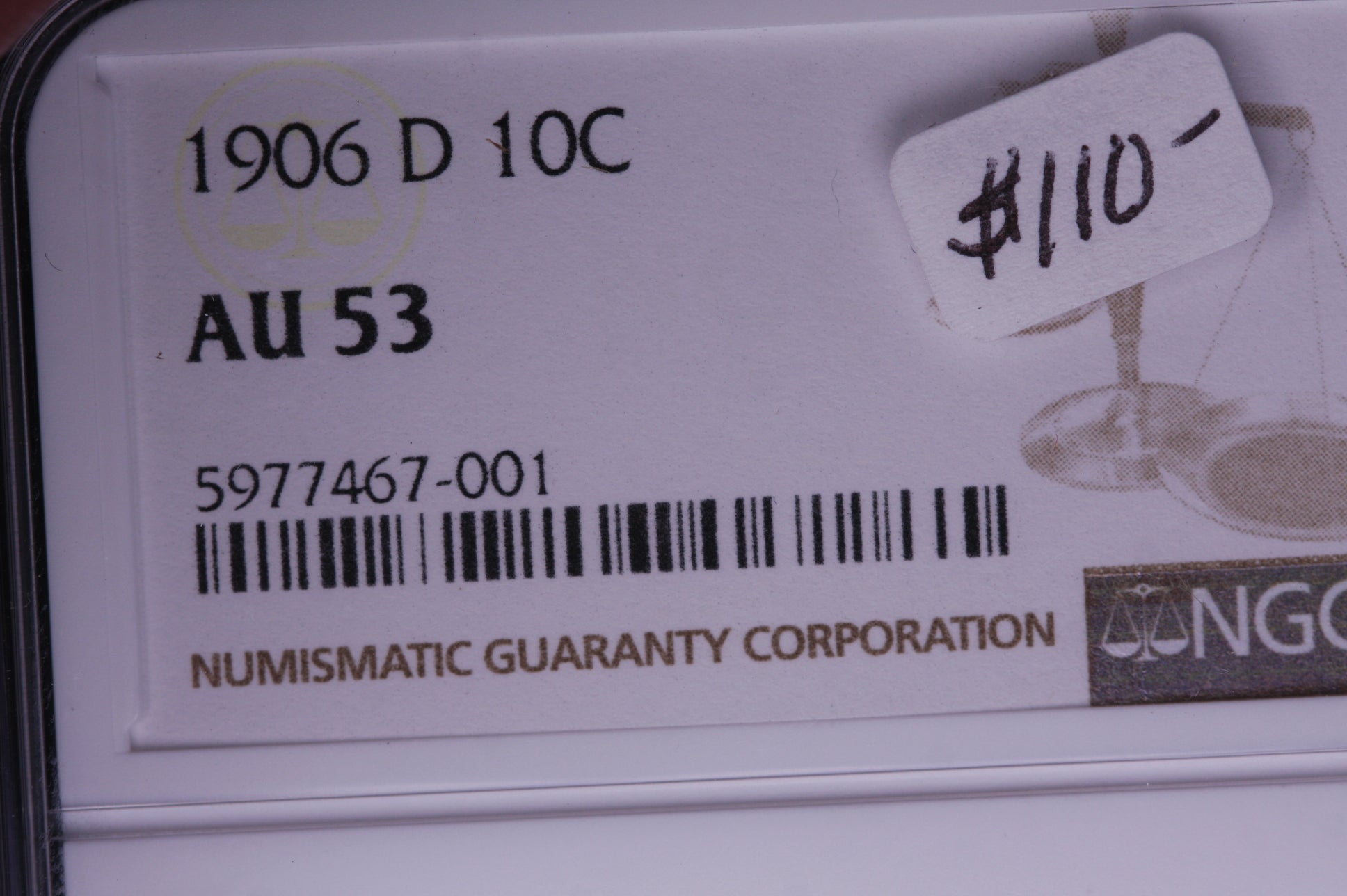 1906-D Barber Silver Dime, NGC Graded AU-53. Store #05553