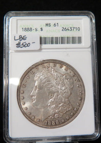 1888-S Morgan Silver Dollar, ANACS (soap box holder) MS 61. Store #DR0573.