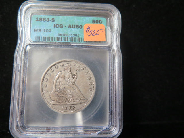 1863-S Seated Liberty Half Dollar, ICG Graded AU50 Circulated Coin. Store # 03332