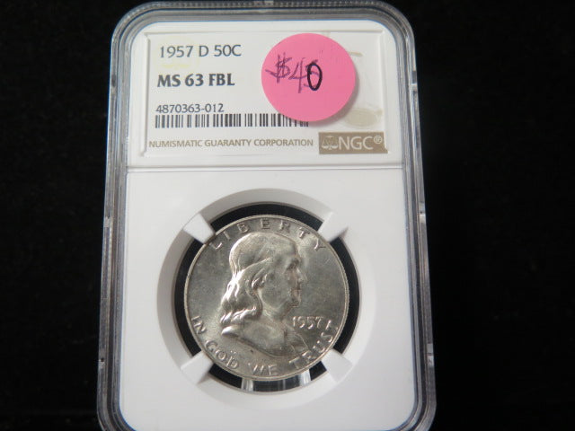 1957-D Franklin Half Dollar. NGC Graded MS 63 FBL Uncirculated Coin. Store #GHR100