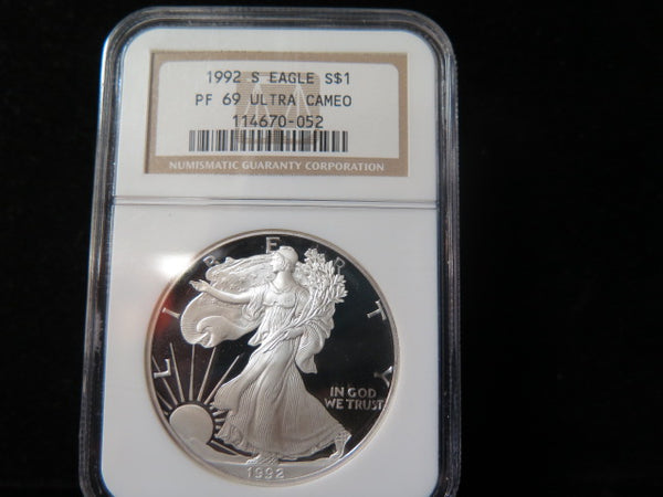 1992-S $1 Proof American Silver Eagle. NGC Graded PF69 Ultra Cameo. #03443