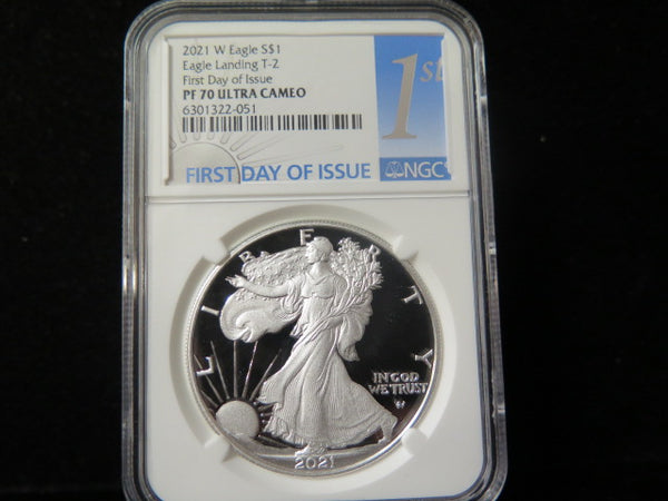 2021-W $1 Proof American Silver Eagle T-2. NGC Graded PF70 Ultra Cameo. #03458