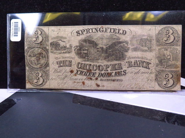 1857 $3 Obsolete Currency, Springfield Massachusetts, Store Sale