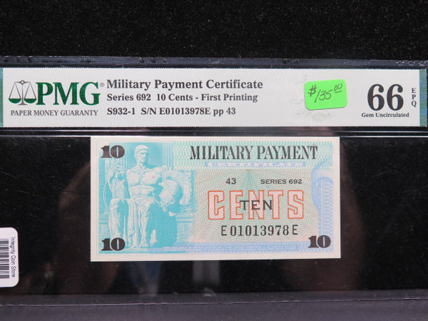 10 Cent Military Payment Certificate, PMG Graded 66 EPQ.  Store #04843