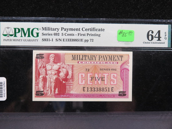 5 Cent Military Payment Certificate, PMG Graded CU-64 EPQ.  Store #04894