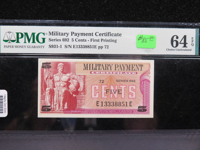 5 Cent Military Payment Certificate, PMG Graded CU-64 EPQ.  Store
