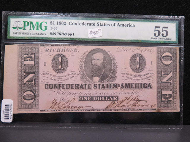 1862 $1 C.S.A. Note, Civil War Era Currency. PMG AU-55. Store Sale #04877