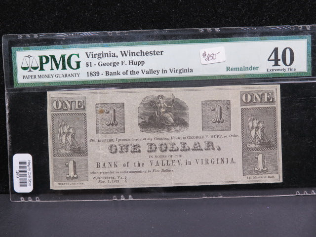 1839 $1., Bank of the Valley in Virginia. Winchester., 'PMG EF-40', #GVA004