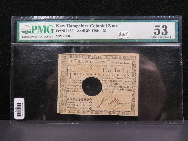 1780 $5 New Hampshire Colonial Note, PMG Graded AU-53.