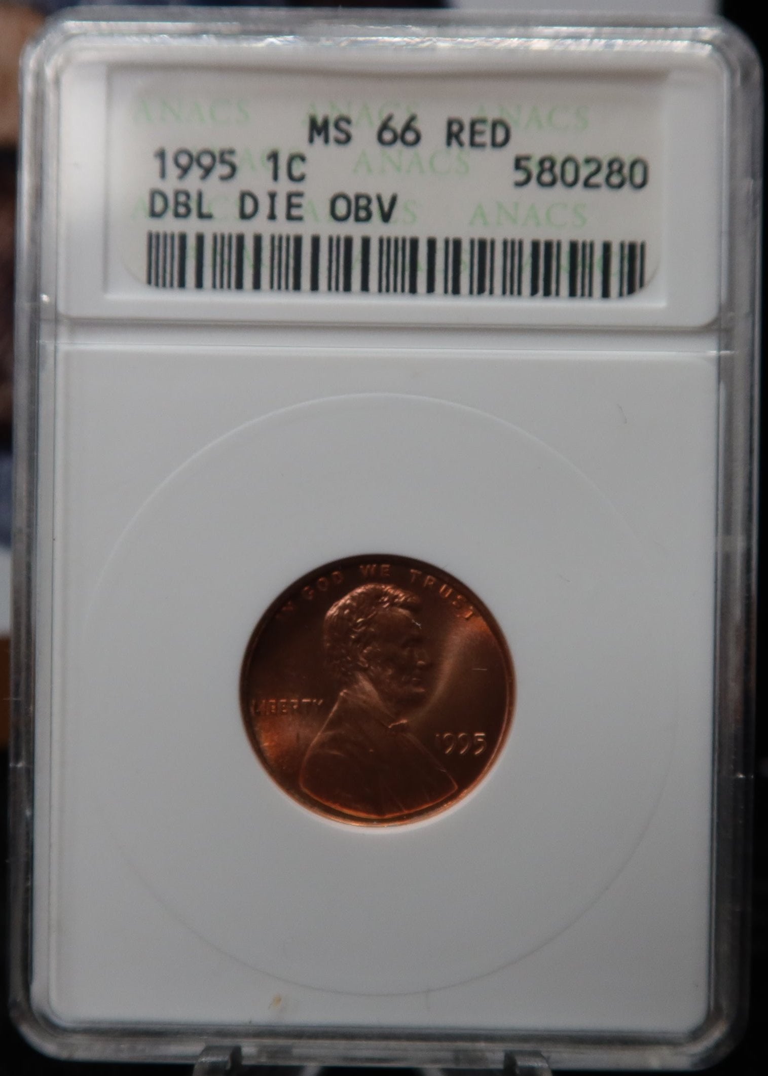 1995 Double Die Obverse Lincoln Memorial Cent, ANACS Graded MS66 RD, Store #08468