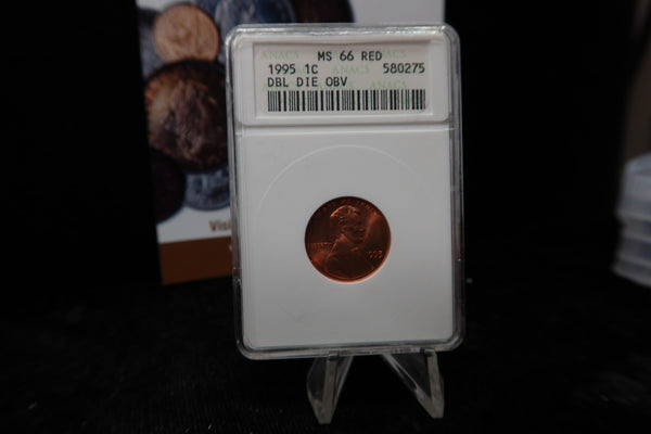 1995 Double Die Obverse Lincoln Memorial Cent, ANACS Graded MS66 RD, Store #08470